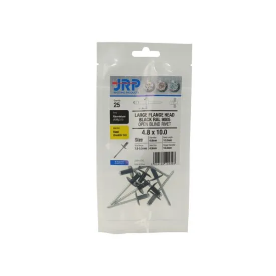 4.8 x 10 Aluminium / Steel Extra Large Flange Rivets Black (5x Pack of 25) [Bagged]